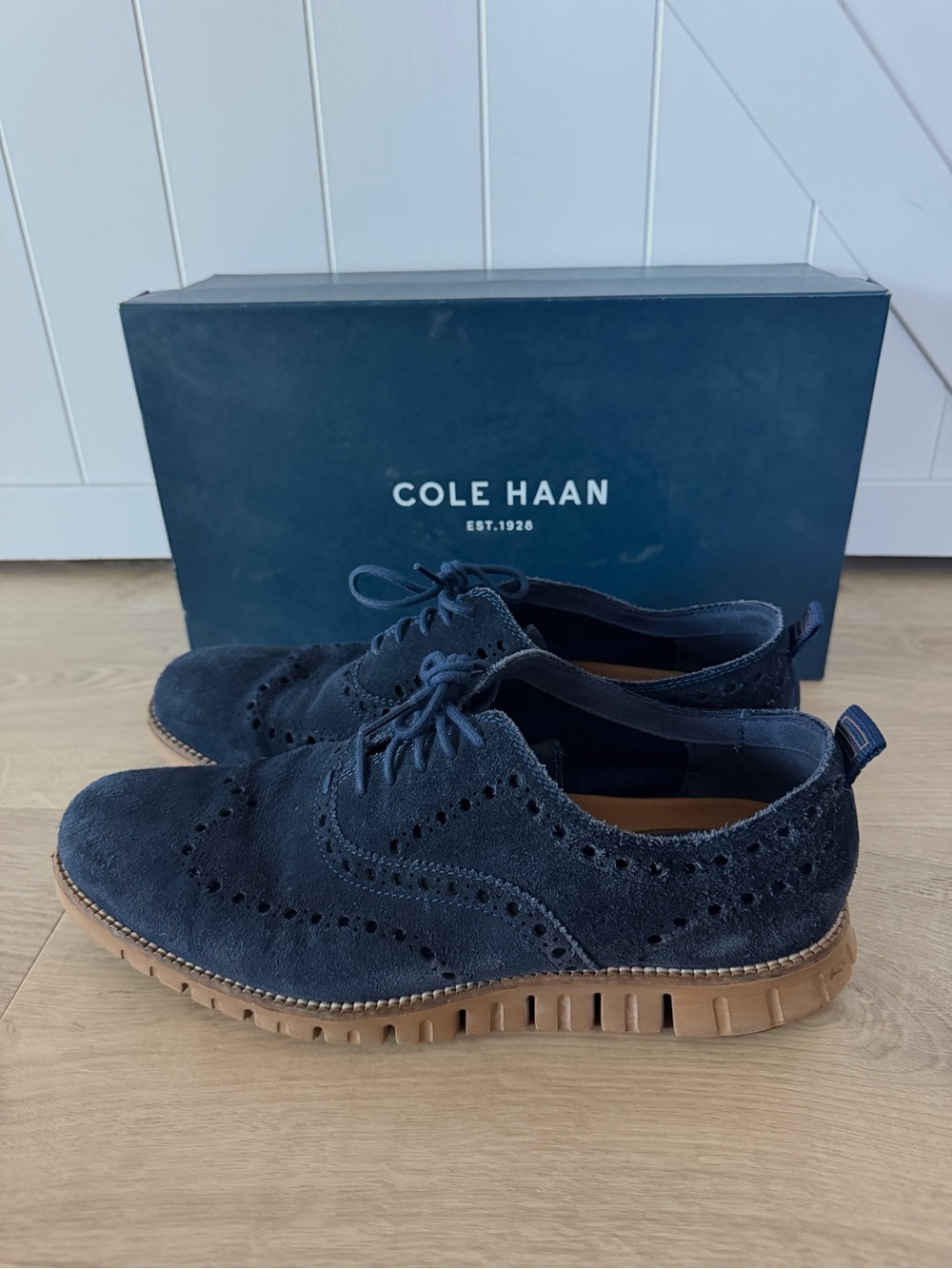 Cole Haan ZeroGrand Navy Blue Gulf Suede Leather Wingtip Derby Oxfords Sz 8.5